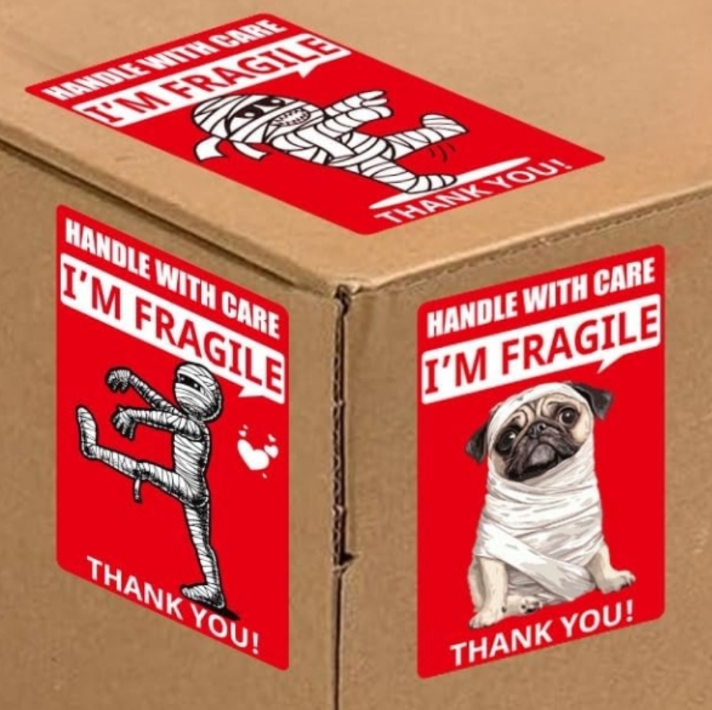 Funny Fragile Labels - Mummy & Dog - 120 count - 3" x 2" - Red Black White - Picture 6 of 6